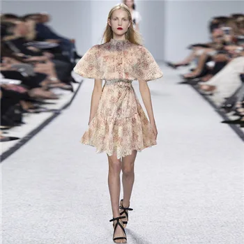 

new spring and summer 2020 women's clothing collar bubble female heavy embroidery print dress with short sleeves