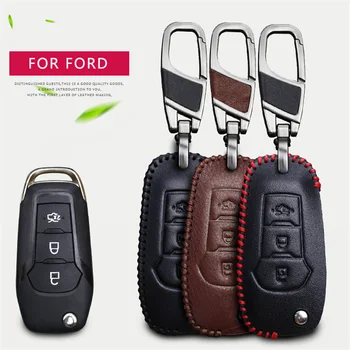 

Leather Car Key Case Cover For Ford Focus 3 2 Mk2 Fiesta Mk7 Mondeo Mk3 Mk4 Kuga Fusion Max 3 Escort Buttons Key Chain Holder