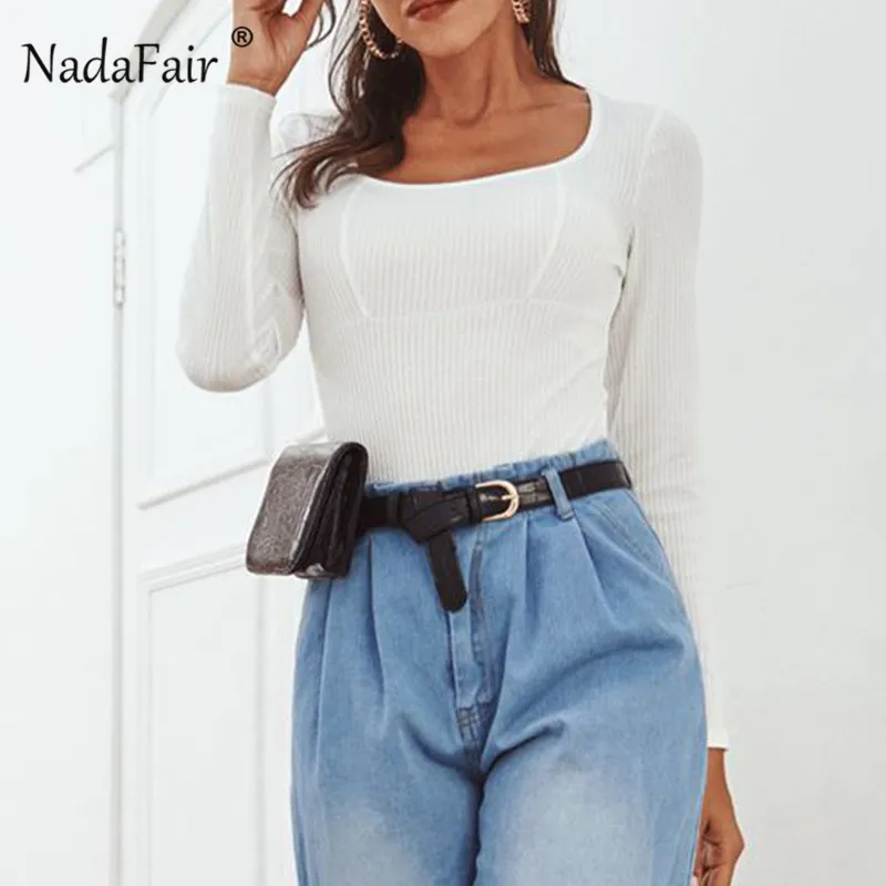 Nadafair, белый, длинный рукав, боди для женщин, в рубчик, вязанный, зимний, боди для женщин, квадратный воротник, боди для женщин