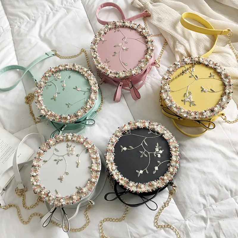 

1 PC Lace Flower Pearl Round Messenger Shoulder Bag Women Little Round Chain Crossbody Bag Pouch Dropship Wholesale New Arrival