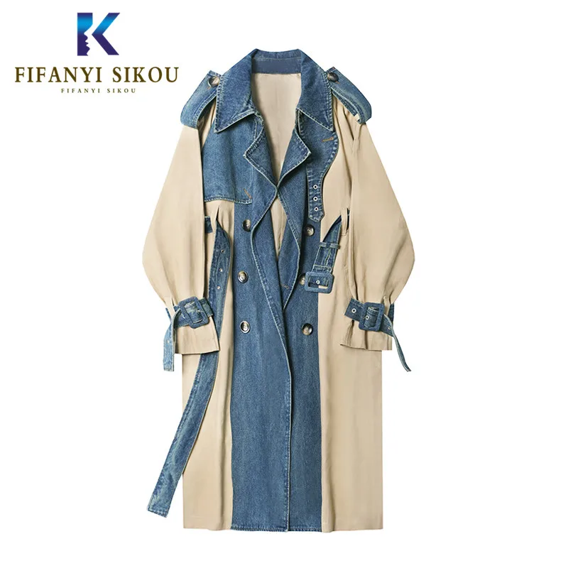 Denim Patchwork Trench Coat Women 2020 New Fashion Double Breasted High