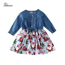 Брендовая От 0 до 2 лет Рождественская Одежда для маленьких девочек детское платье джинсовая рубашка с длинными рукавами и бантом платье-пачка с Санта-Клаусом платье для девочек