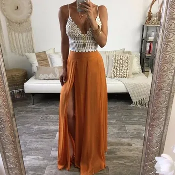 

Sexy Orange Chiffon Full 2020 Skirt Personalized Style Zipper Waistline A Line Floor Length Maxi Skirt Slit Long Skirts Women