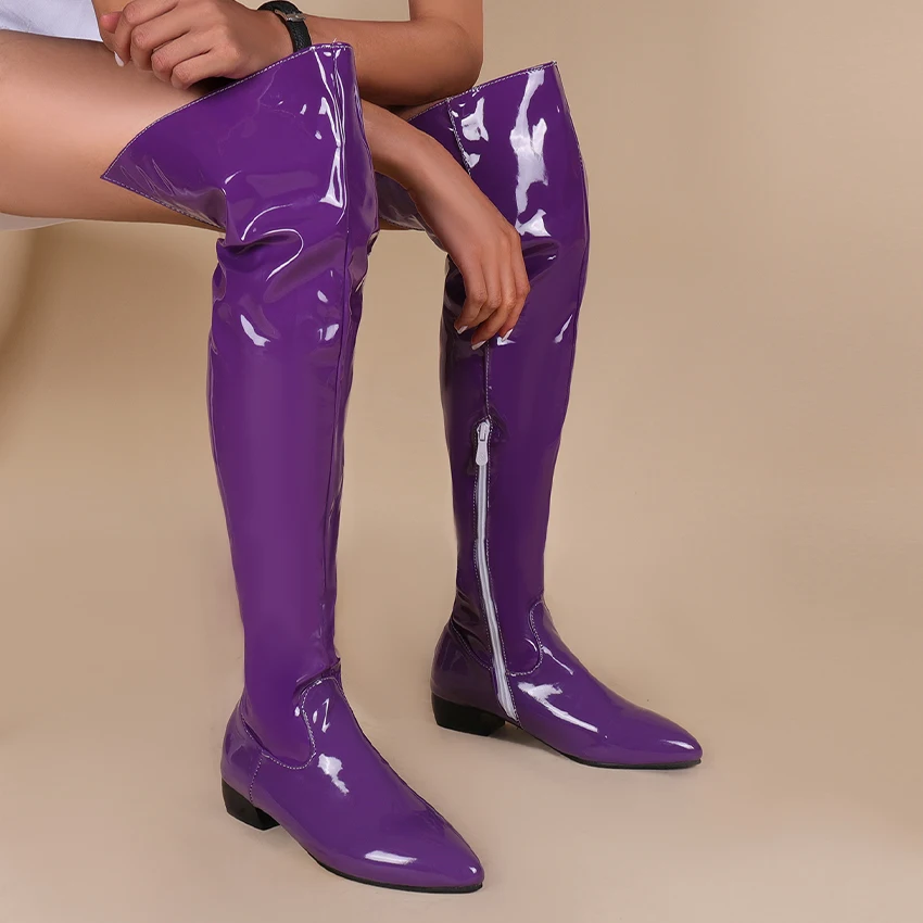 Oversized Candy-Colored Patent Leather Women's Over-The-Knee Boots Mid-Heel Pointed Toe Plush Lining Shiny Color Long Boots