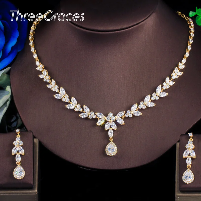 

ThreeGraces Luxury Leaf Drop Dubai Gold CZ Long Bridal Necklace Drop Earrings Jewelry Sets for Women Dress Accessories JS630