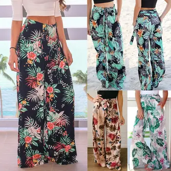 

Women Floral Print Belted High Waist Wide Leg Pants with Pockets for Summer Beach B99