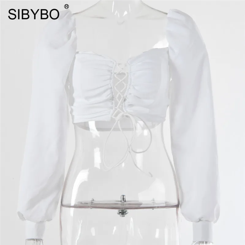SIBYBO/пикантные женские Топы без бретелек на шнуровке с длинным рукавом, открытая футболка СО ШНУРАМИ, женская белая Повседневная Осенняя укороченная футболка с открытой спиной