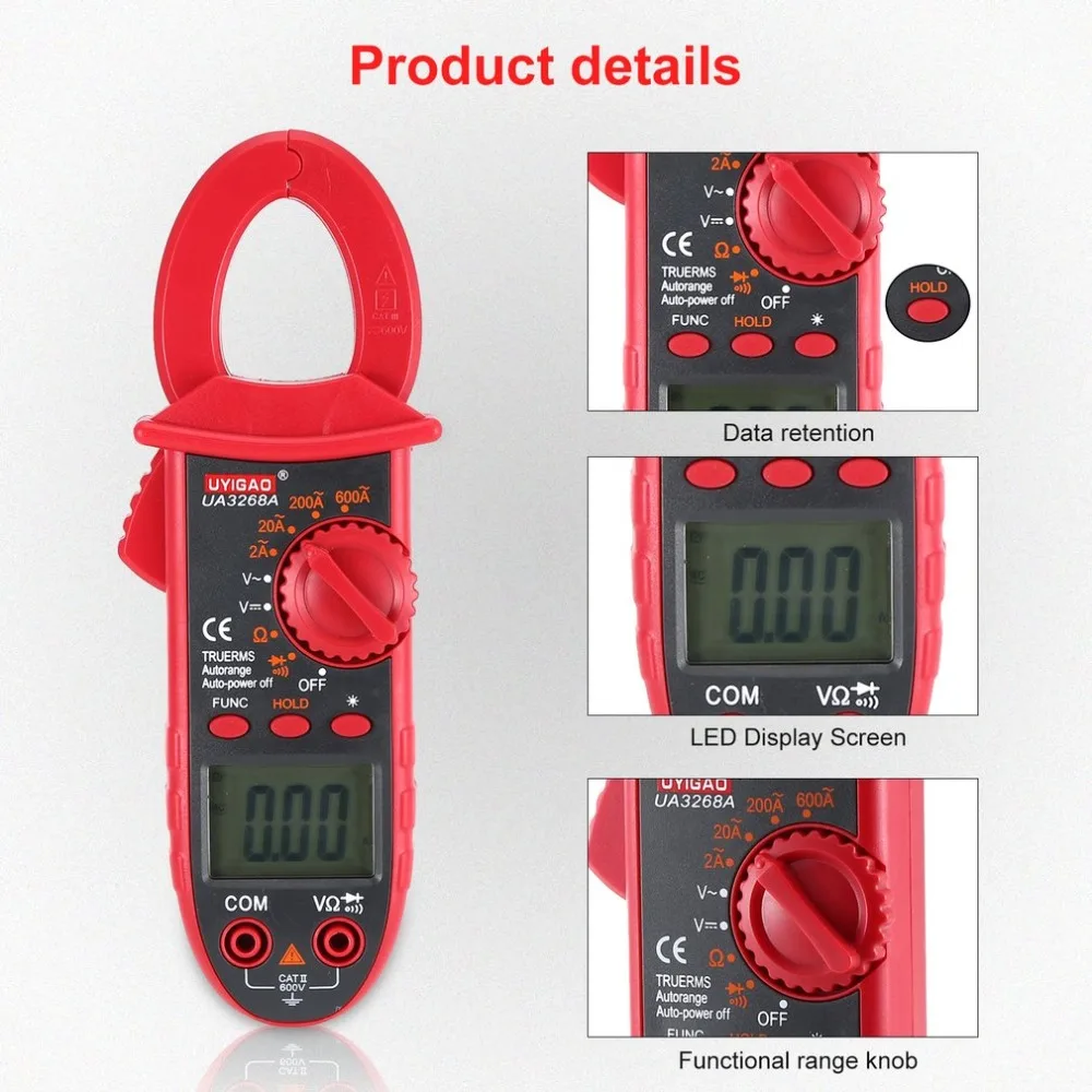 UYIGAO Digital Clamp Meter Multimeter AC/DC Volt Ohm Resistance Diode Continuity Tester with Backlight Data Hold UA3268A
