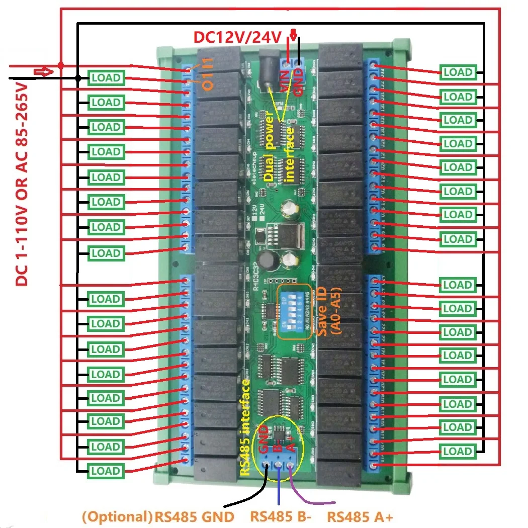 de rele bus rs485 uart porta serial dc 12v 24v 32 canais 05