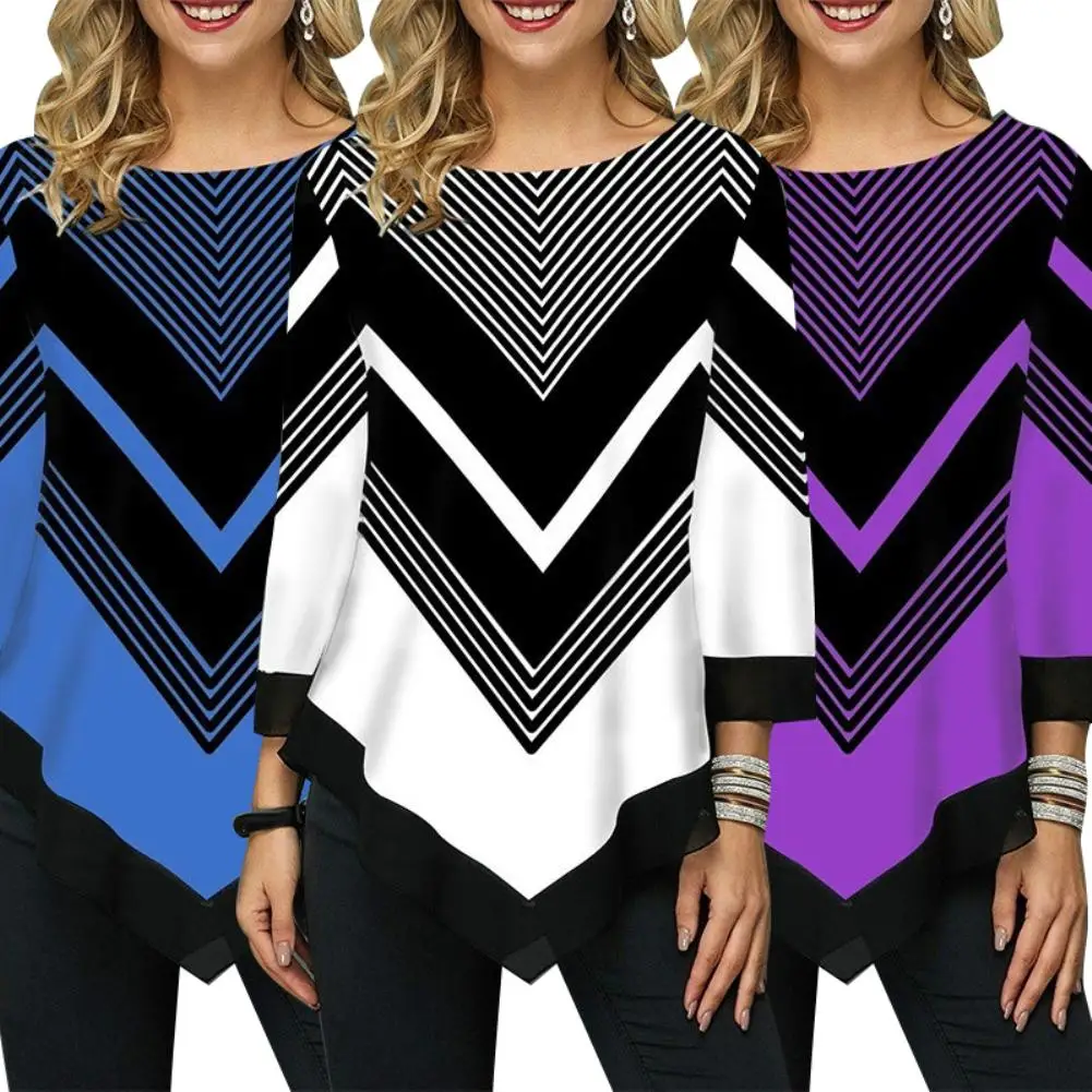 

Casual Comfortable Women Autumn 3/4 Sleeve V Shape Stripes Print Irregular Hem Loose tops