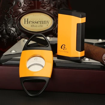 

GALINER Windproof Cigar Lighter 2 Jet Flame Gas Torch Butane Lighter Sharp Cigar Cutter Tobacco Scissors Accessories Set