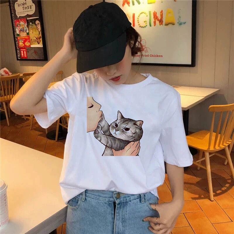 Cut Cat printed t shirt women 90s Graphic T-shirt Harajuku Tops Tee Cute Short Sleeve animal tshirt Female Tshirts