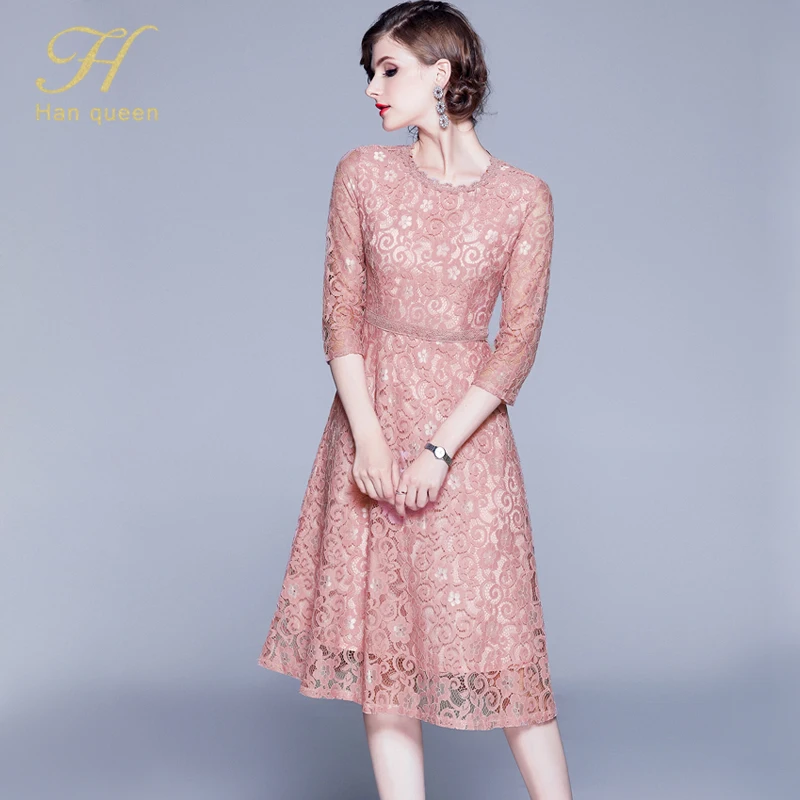 Pink H han queen, Осеннее кружевное платье для подиума, женское тонкое сексуальный о-вырез, повседневные праздничные платья для работы, Европа, с открытой спиной, винтажное платье - Цвет: Pink