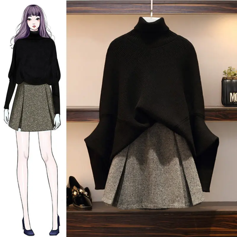 

Wo xiu Large Size Dress Fall And Winter Clothes Fat Mm Western Style Bat Sleeve Sweater Dress Outfit 3233