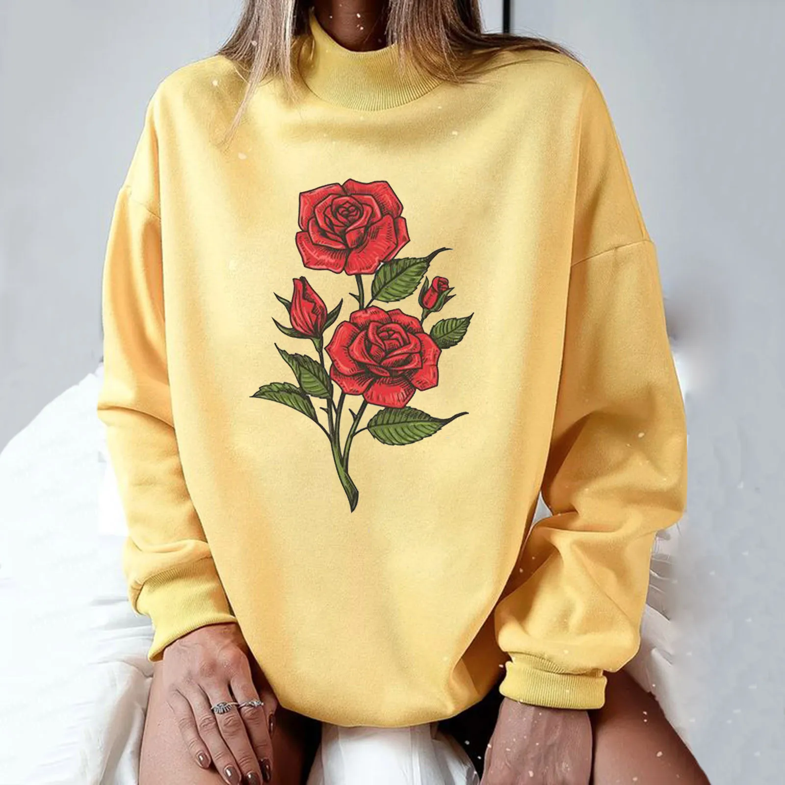 Women Hoodie Yellow Butterfly Printed Harajuku Turtleneck Casual Athletic Sweatshirts Autumn Plus Size Pullover Tops толстовка 1
