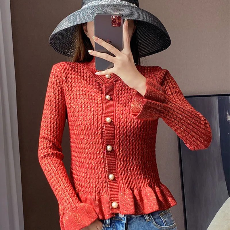 

Female Knitting BOdycon Cardigan 2020 Fall clothing Women Half Turtleneck Flare Sleeve Slim Lurex Ruffles Sweater Coat Jumper