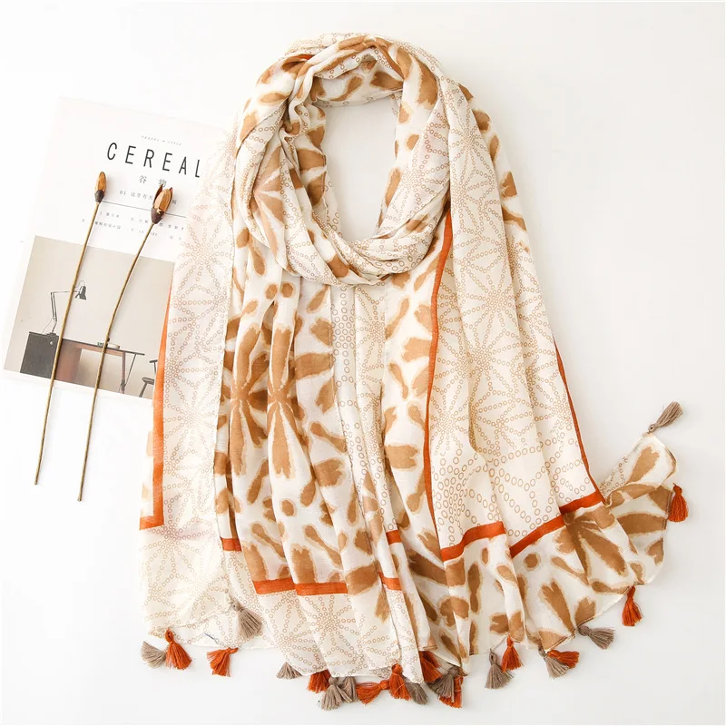 

Wrap Shawls and scarves Nation Summer beach Ladies White Dots Floral Scarf Cotton Feel Sunscreen head luxury
