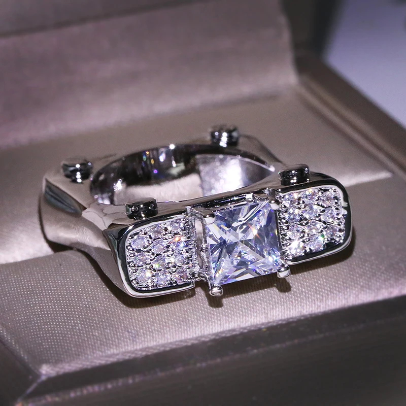 

RongXing Big Square Cut White Crystal Zircon Rings For Men Women 925 Silver Filled CZ Stone Engagement Ring Couple Jewelry Gifts