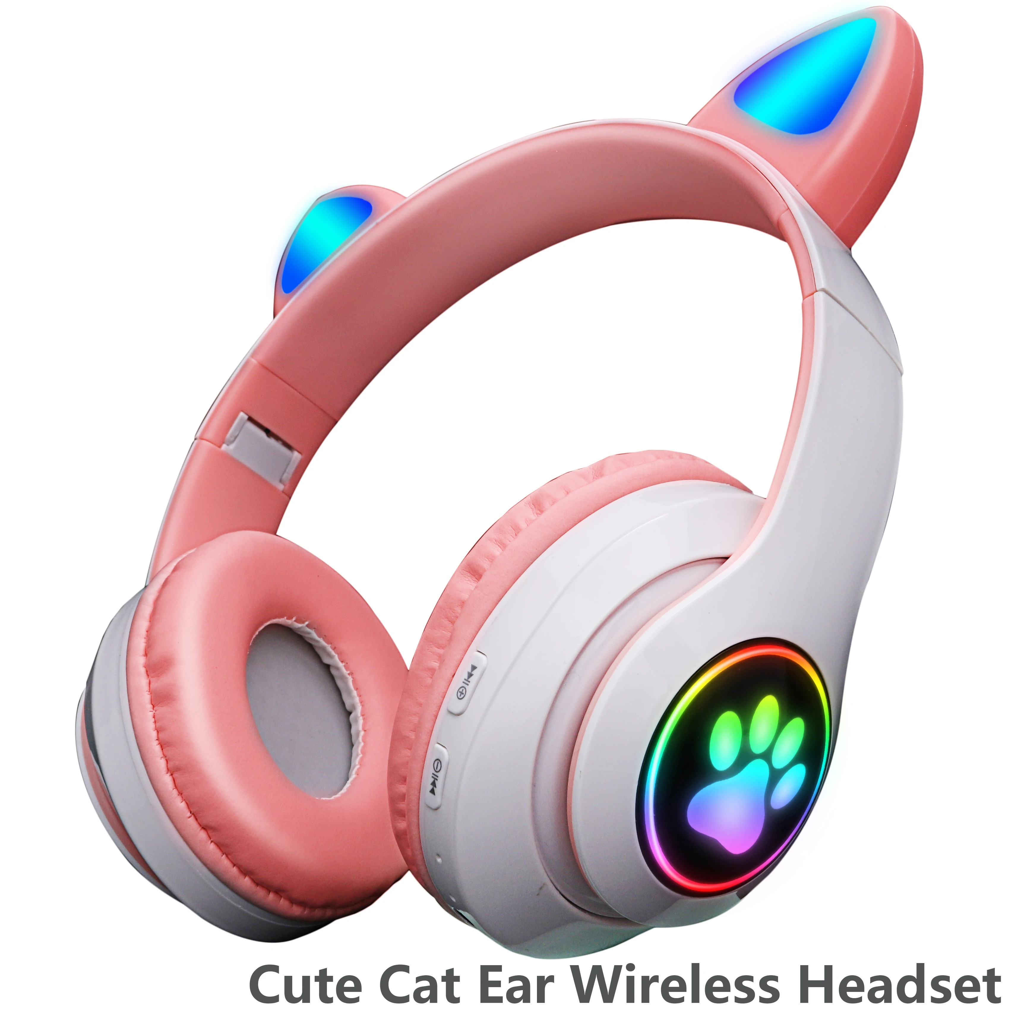 Charming Pink Cat Ear Wireless Headphones with Microphone - Foldable Stereo Earphones