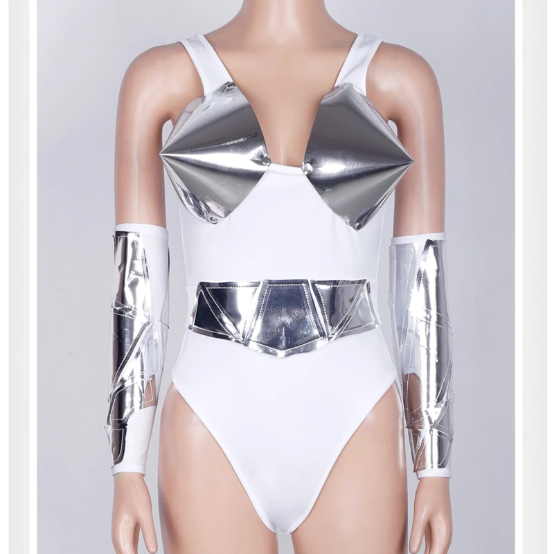 Jumpsuit Future Soldier GOGO танцор сценический костюм белый комбинезон серебристый бюстгальтер DS DJ представление фестиваль наряд на карнавал одежда L2989 - Цвет: Jumpsuit