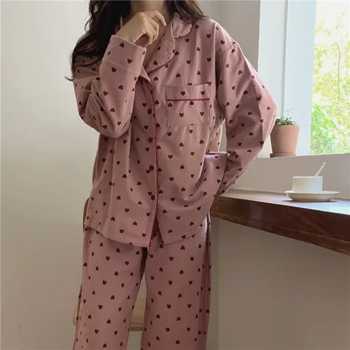 하트 프린트 홈 수트, 루즈 코튼 캐주얼 잠옷 세트, 한국 잠옷 바지, 하라주쿠 홈 의류, 카와이 싱글 브레스트 탑 3