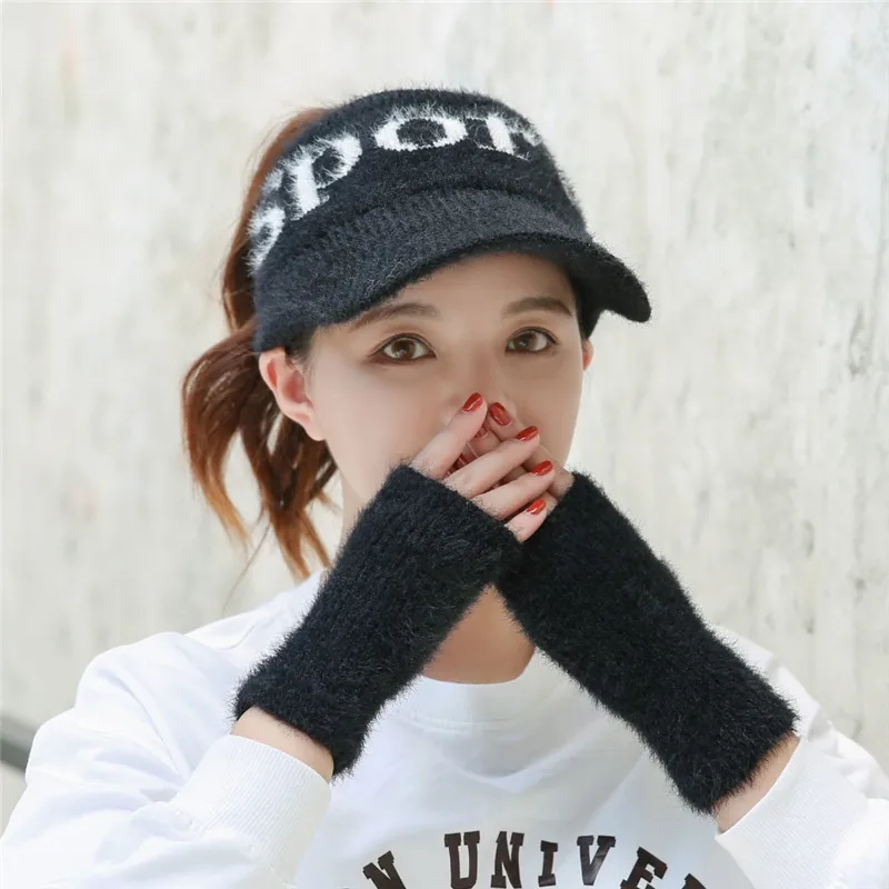 hat gloves black Бейсбольная кепка с буквенным принтом из искусственного кроличьего меха для девочек, дамские шапочки, Осенние вязаные шерстяные шапки, Зимняя женская шапка и перчатки, комплект из 2 предметов - Цвет: hat gloves black