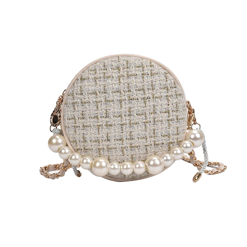 

Mini Round Shoulder Bag Lady Crossbody Bags High Quality Pearl Jewelry Round Bag Contrast Tweed Handbag Fashion Women Bags Beige
