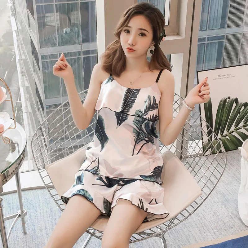 

With Chest Pad Deconstructable Pajamas Women's Summer Thin Section Leaf Imitated Silk Fabric Camisole Home Wear Viscose Set