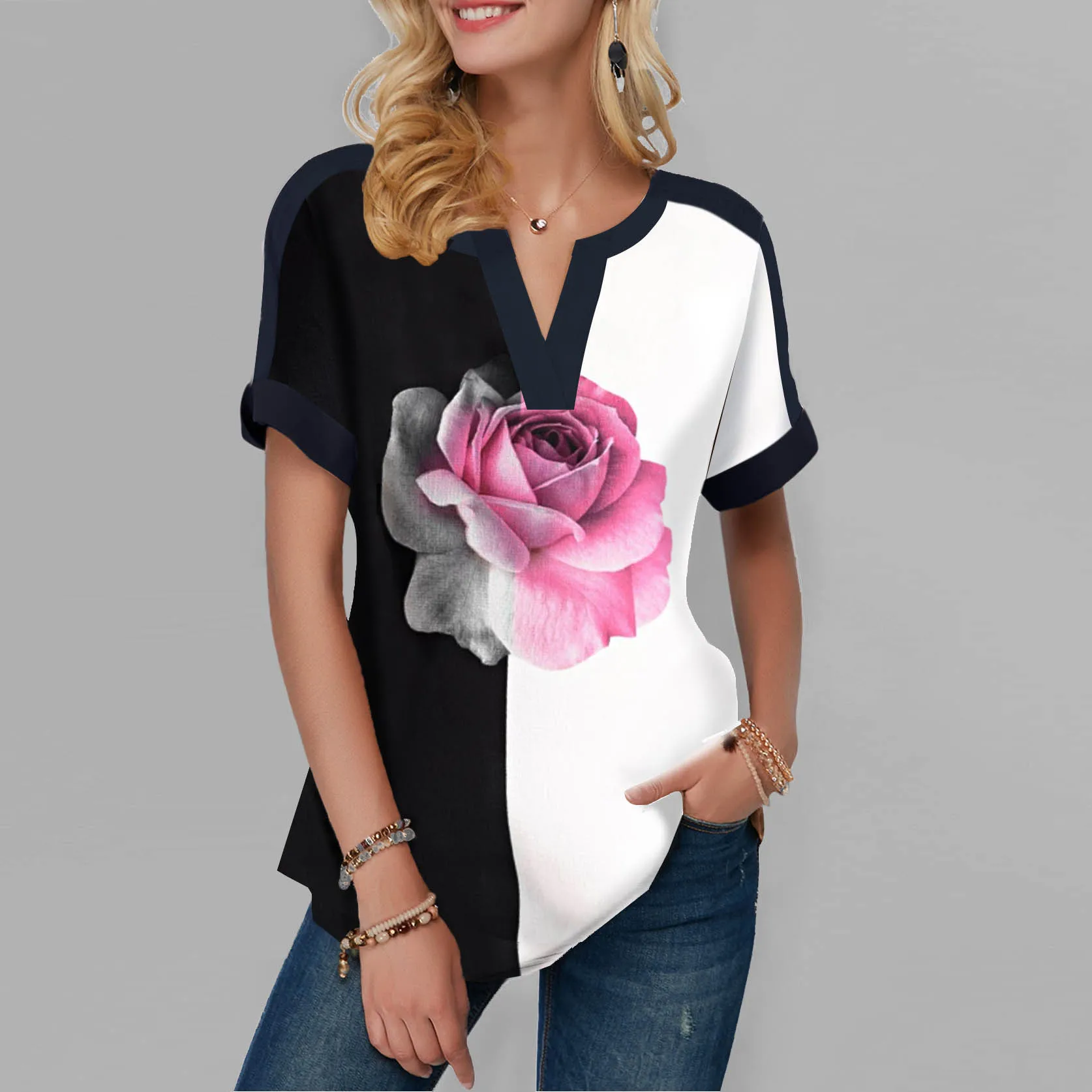 New Summer Tshirt Sexy Flowers Print Short Sleeve Tops & Tees Fashion Casual T Shirt