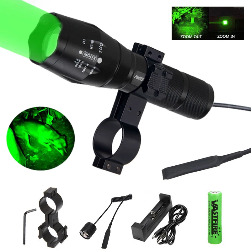

A100 1000Lm Zoomable Q5 Hunting Flashlight Green/Red Adjustable Focus Torch 1 Mode+Rifle Scope Mount+Switch+18650+Charger+Case