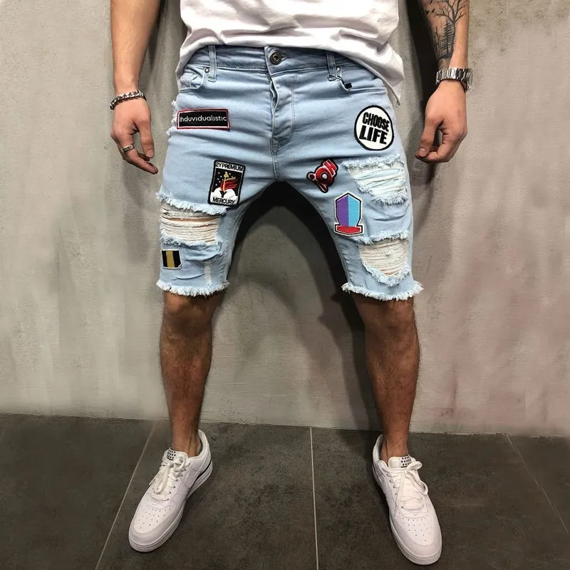 

2018men 's High Street Holes Patches Elastic JEANS Sho