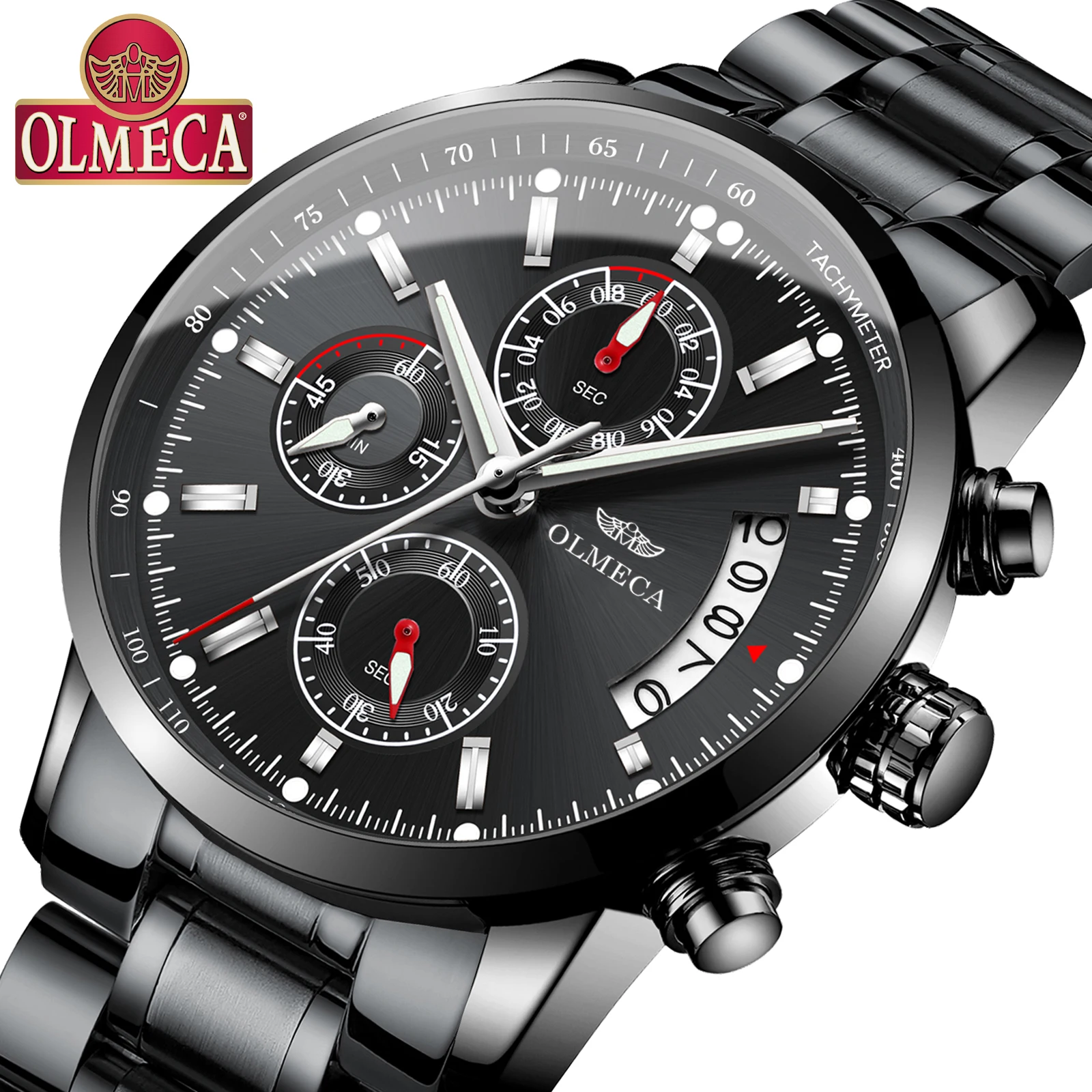 

OLMECA Top Brand Luxury Waterproof Luminous Watches Chronograph Calendar Fashion Sports Quartz Wrist Watch Stainless Steel