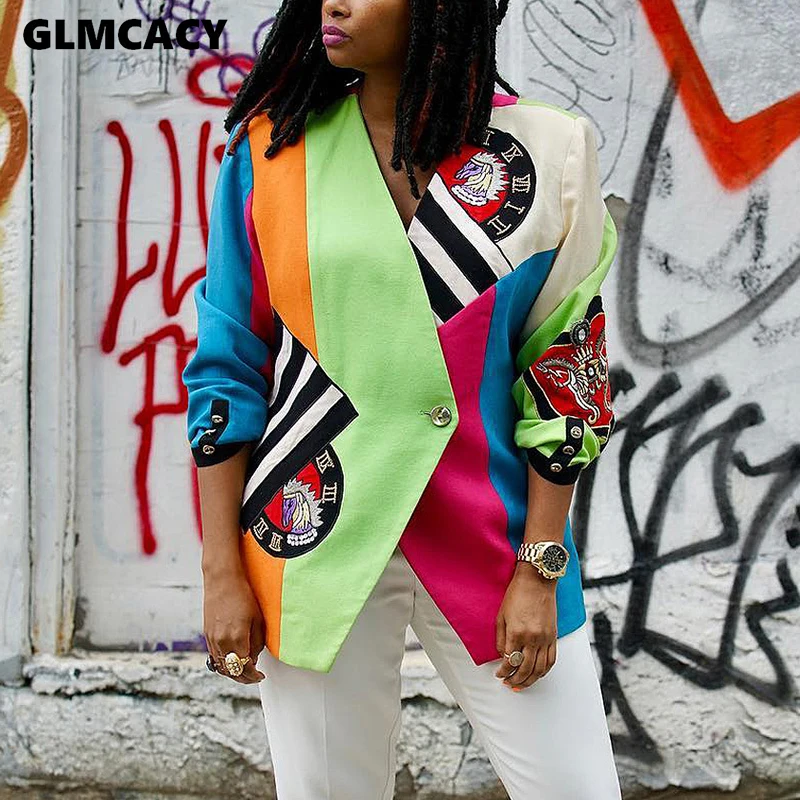 Женский Однобортный блейзер с мультяшной вышивкой размера плюс с длинным рукавом, повседневный шикарный свободный стиль, модная уличная одежда, Топ - Цвет: Многоцветный