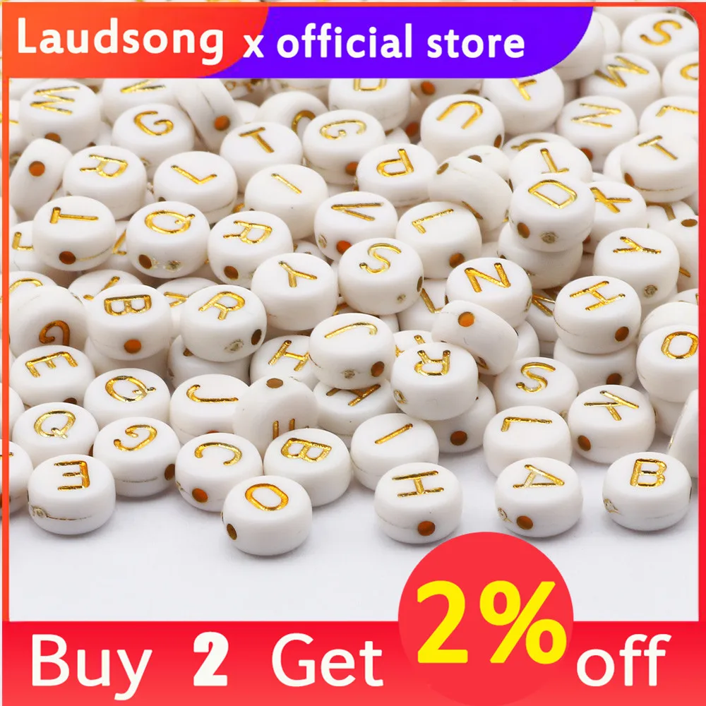 7mm White And Gold Mixed Letter Acrylic Beads Round Flat Alphabet Loose Beads For Jewelry Making Handmade Diy Bracelet Necklace