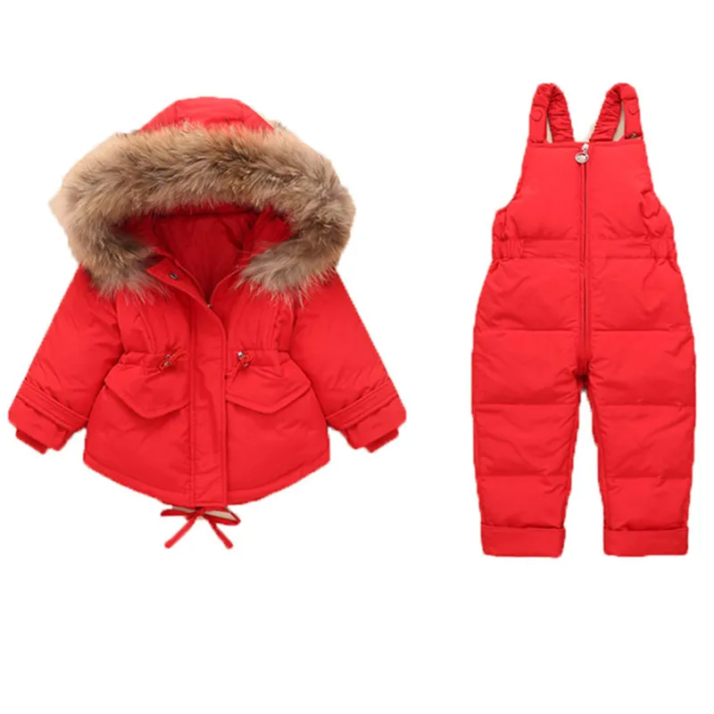 Winter Baby Girls Jumpsuit Fashion Fur Hooded White Duck Down Coat+thick Parka Pants 2pcs Snowsuit Children Clothing Outerwear