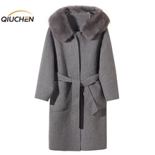 QIUCHEN PJ New arrival high quality cashmere women jacket real fur real fox fur collar Fashion model