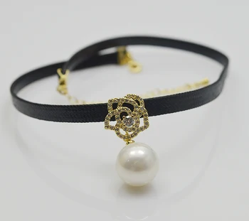 

Shell Pearl Neclace 14mm White Color Sea Shell Pearls Black Rope Single Choker Necklace Fine Jewelry Charming Yonger Girl Gift