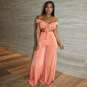 Preye Two Piece Off Shoulder Crop Top Wide Leg Pants