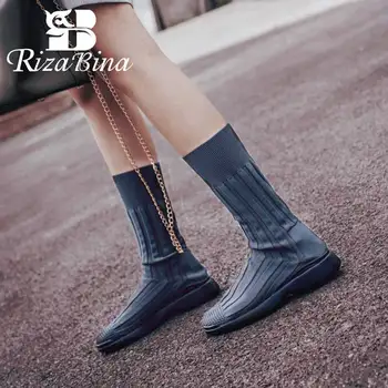 

RIZABINA Trend Women Mid Calf Boots Flying Weaving Socks Boots Slip On Flats Sneakers Comfort Soft Women Footwear Size 33-40