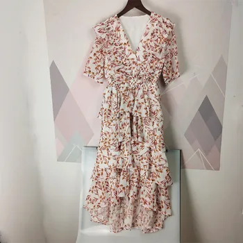 

V-neck ruffled floral print lady dress 2020 spring summer new high waist short sleeve women midi dress