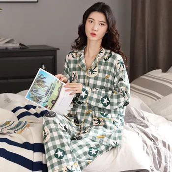 

BZEL Women's Pajama Set New Autumn Winter Homewear Cotton Sleepwear Turn-Down Collar Pijama Mujer Green Plaid Pyjama Soft Nighty