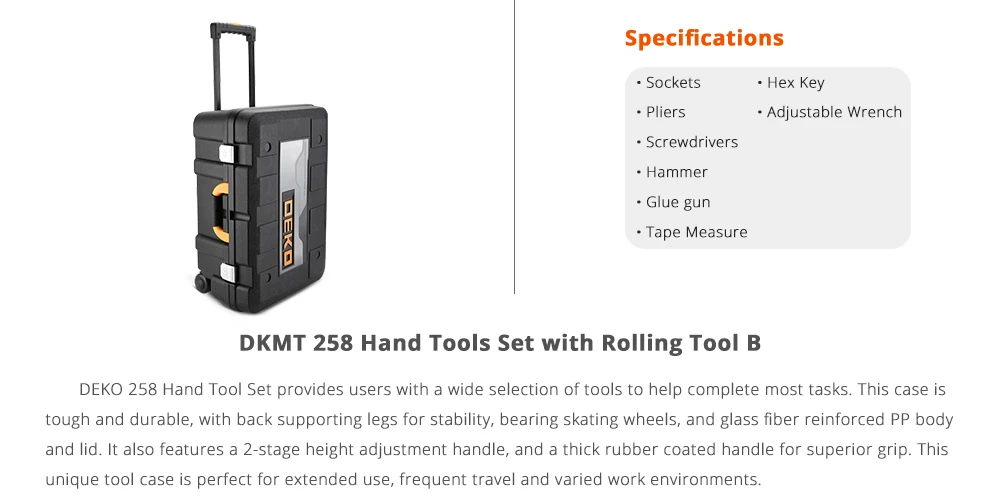 DEKO 258pcs Tool Set With Three-Layer Rolling Tool Box