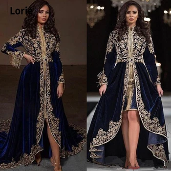 

Lorie Navy Blue Lace Beaded Arabic Caftans Evening Dresses 2019 High Neck Velvet Prom Dresses Long Sleeves Formal Party Gowns