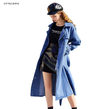 

Streetwear Oversize Women Long Trench Coat Jeans 2019 Autumn Loose Suit Collar Ladies Slim Waist Blue Windbreaker Outwear