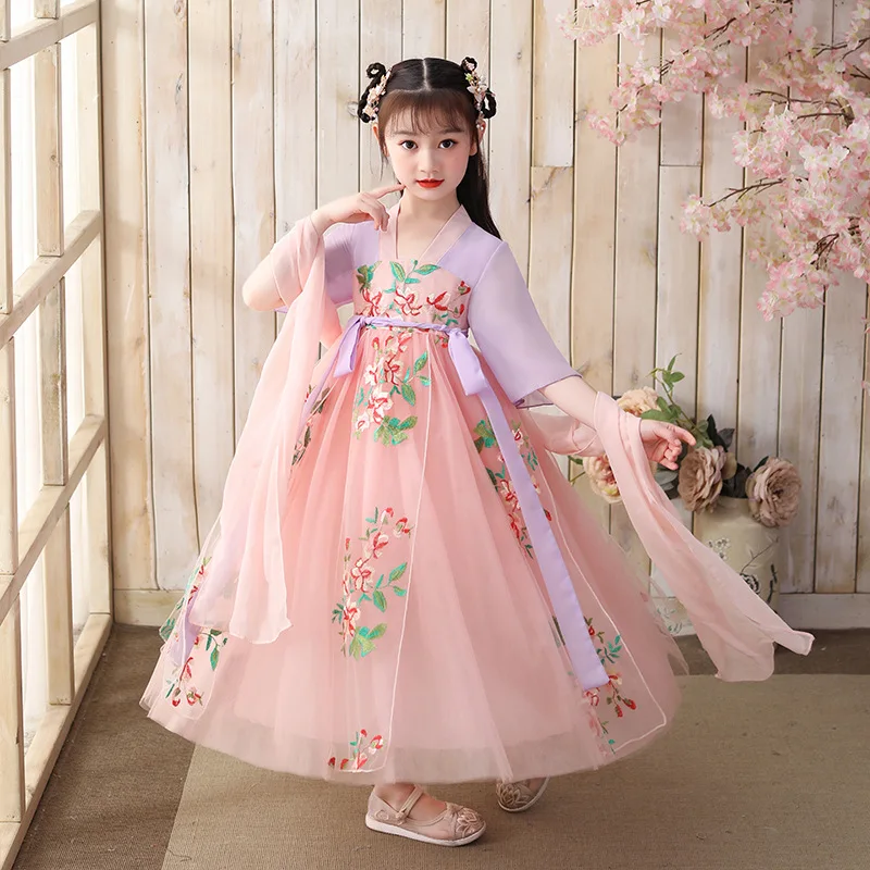 

China Hanfu Dress Princess Girls Half Sleeve Embroidery Layered Mesh Tulle Kids Dresses Retro Confucian Vestidos Fairy Prom Gown