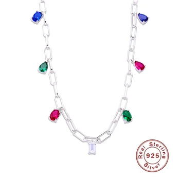 

925 Sterling Silver Colorful CZ Necklaces for Women Girls Collar Pendant Link Chain Choker Charm Vintage Statement Fine Jewelry