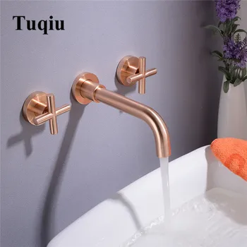 

Vidric Basin Faucet Wall Mounted Golden Matte/Rose Gold Dual Handle In-Wall Bathroom Sink Faucet 3 Holes Hot & Cold mixer Tap To