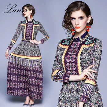 

2019 Long Dress Women Dress Fall New Positioning Print Lapel Long-sleeved Dress, Temperament Slimmed-up Long Skirt