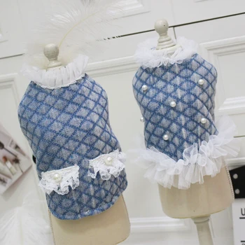 

Pet Dog Winter Clothes Warm Thicken Denim Fabric Clip Cotton Stud Pearl High Collar Lace Style For Small Dogs Chihuahua Pug Coat