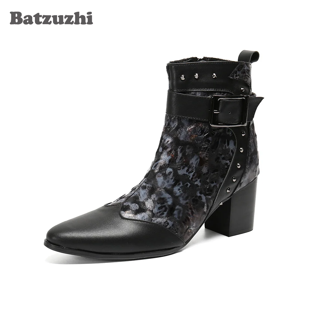 Batzuzhi 7.5CM High Heels Men's Leather Boots Formal Gentlemen Business & Party Leather Ankle Boots Men Bota Masculina, Big Size